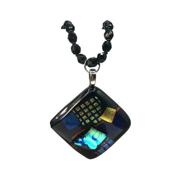 Dichroic Art Glass Modernist Pendant on Black Glass Beaded Chain, Beautiful Vint - Picture 5 of 8